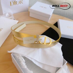 Thắt Lưng Dior Da Nhăn Kem Vàng Kim Khóa Logo Gold