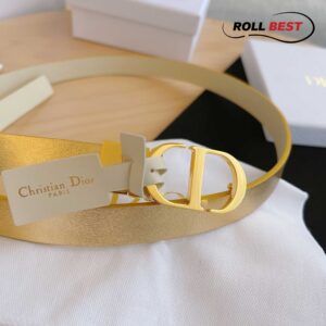 Thắt Lưng Dior Da Nhăn Kem Vàng Kim Khóa Logo Gold