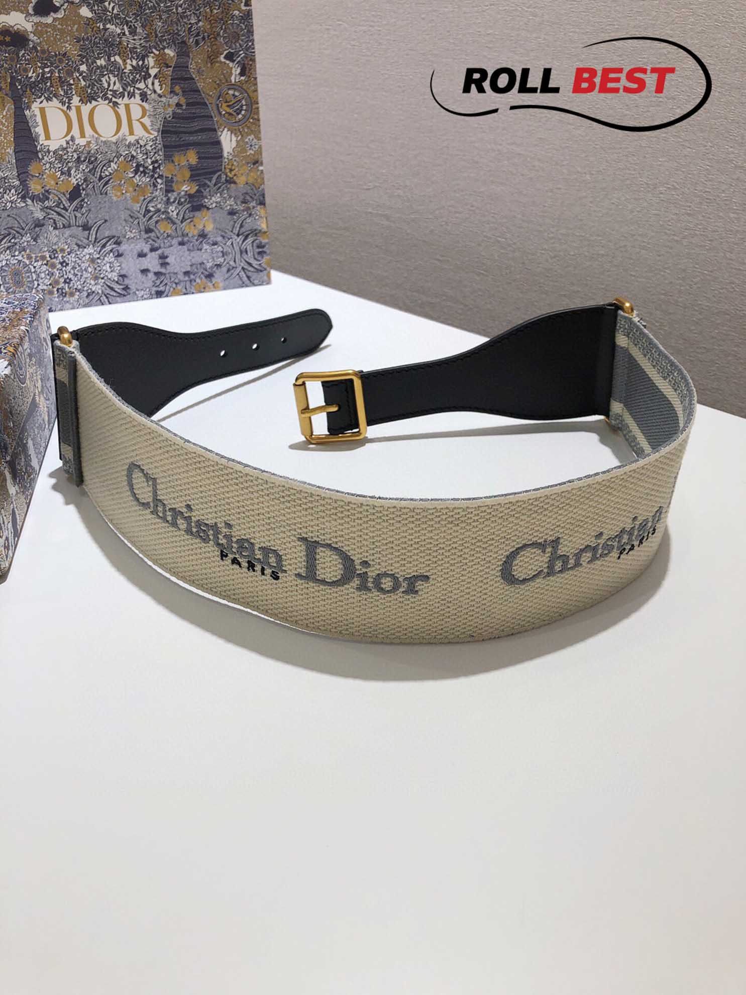 Thắt Lưng Dior Da Phối Vải Họa Tiết Chữ Dior Đen Khóa Hợp Kim Gold