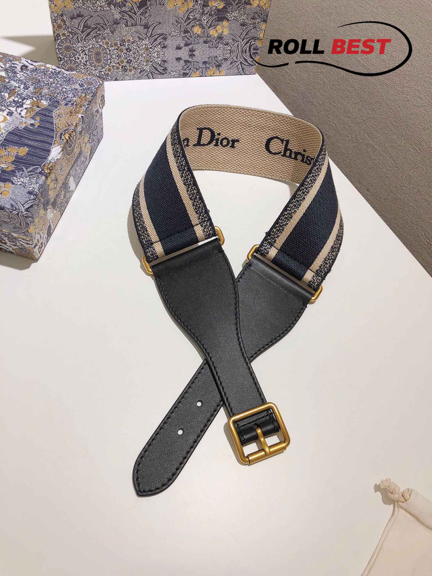 Thắt Lưng Dior Da Phối Vải Họa Tiết Chữ Dior Đen Khóa Hợp Kim Gold