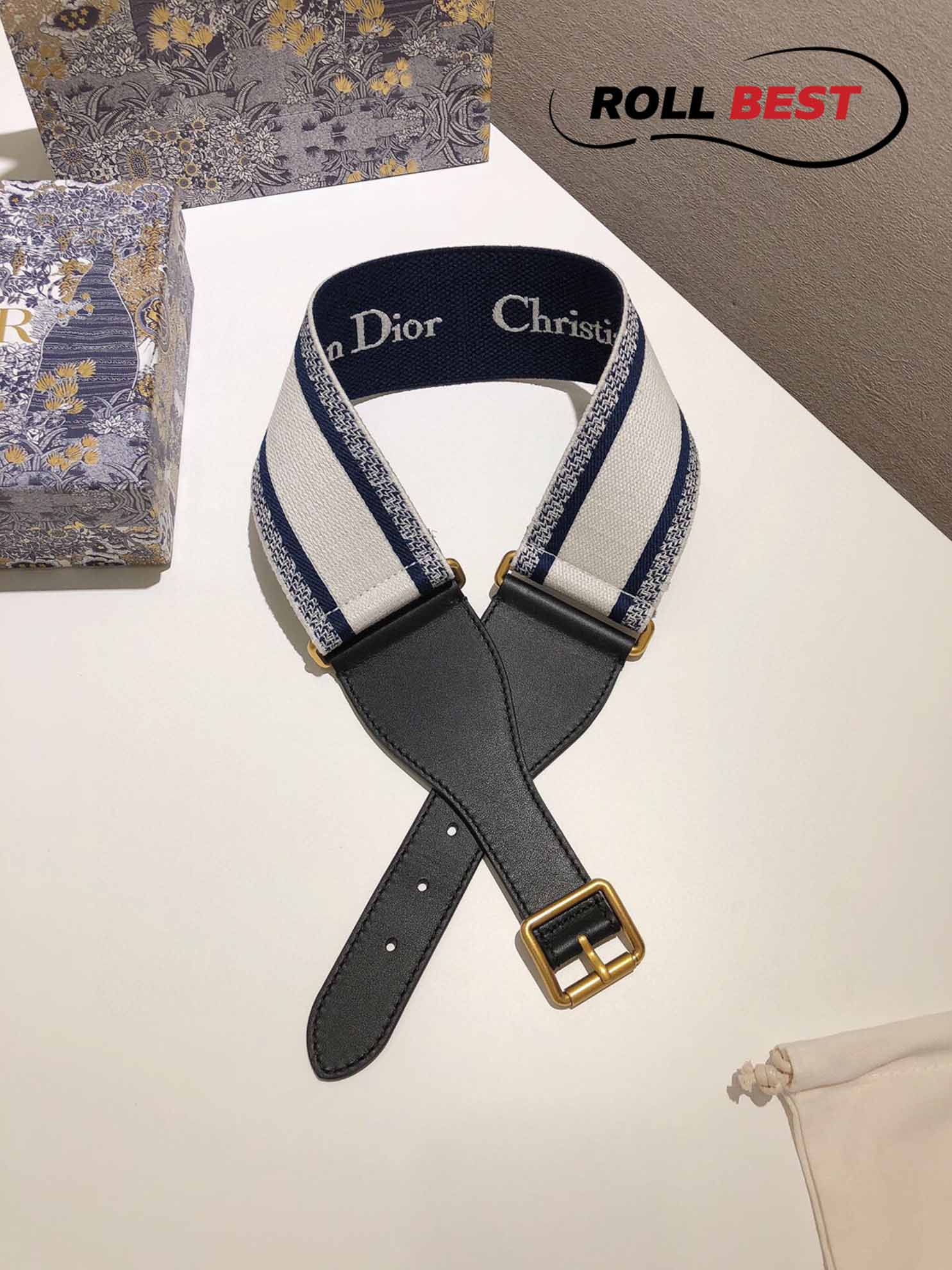 Thắt Lưng Dior Da Phối Vải Họa Tiết Chữ Dior Trắng Đen Khóa Hợp Kim Gold