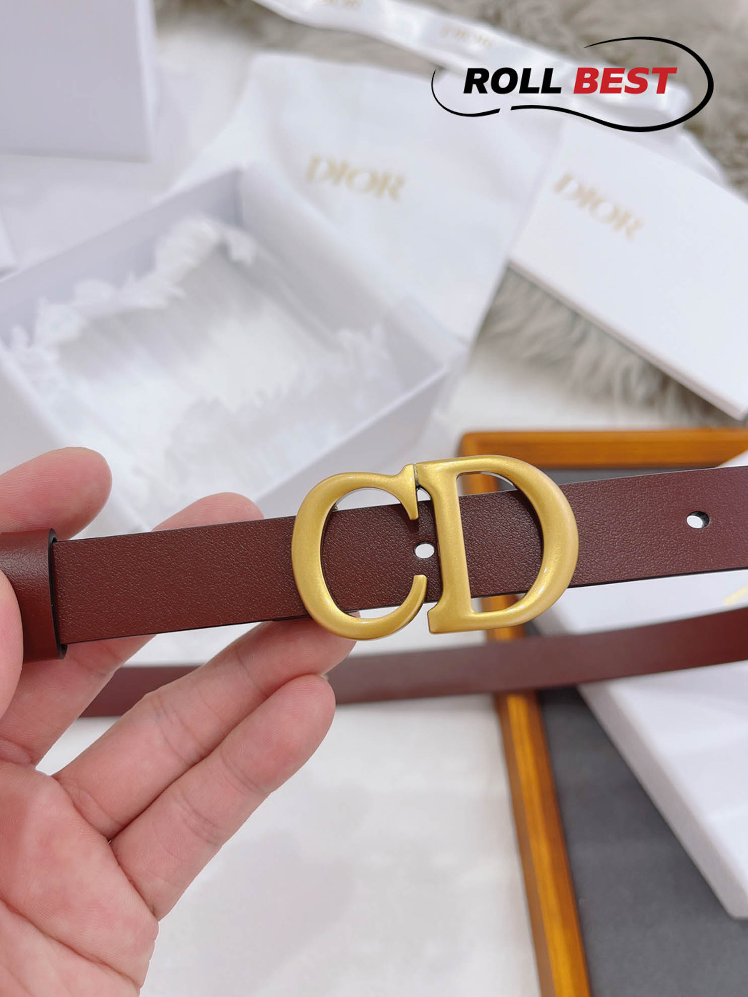 Thắt Lưng Dior Da Trơn Đỏ Khóa Logo CD Hợp Kim Gold