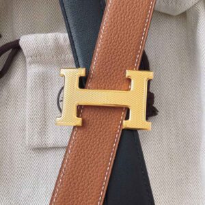 Thắt Lưng Hermes Da Nhăn Cam Đen Khóa Logo Vàng