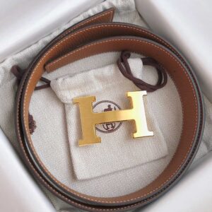 Thắt Lưng Hermes Da Nhăn Đen Cam Khóa Logo Vàng