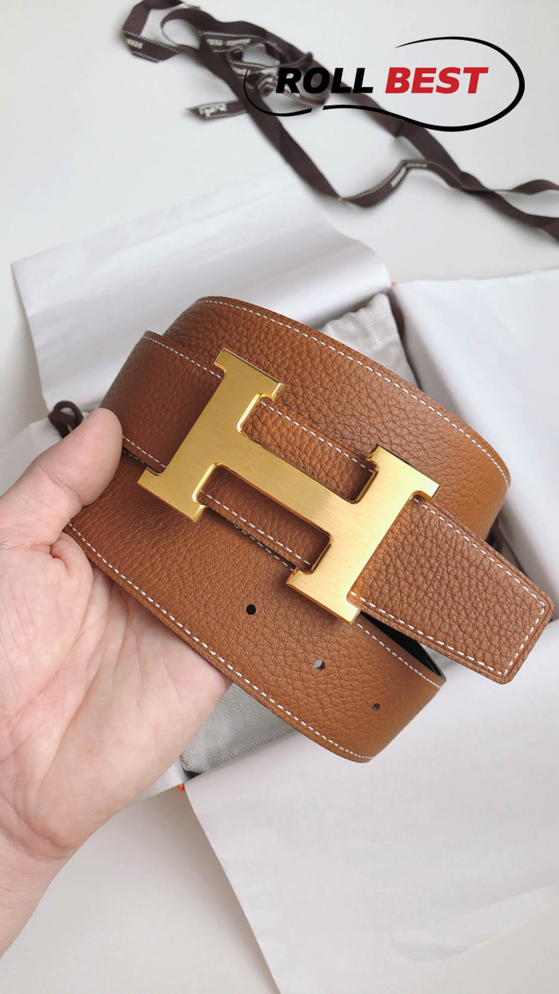 Thắt Lưng Hermes Da Nhăn Đen Cam Khóa Logo Vàng