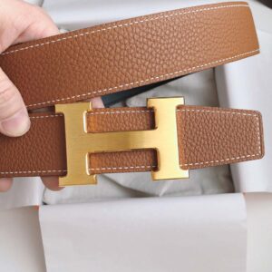 Thắt Lưng Hermes Da Nhăn Đen Cam Khóa Logo Vàng