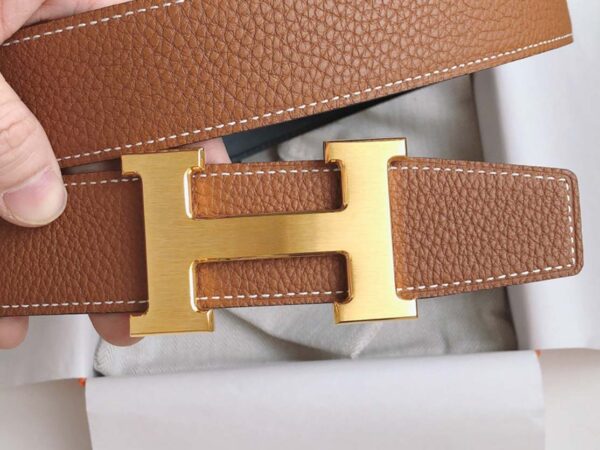 Thắt Lưng Hermes Da Nhăn Đen Cam Khóa Logo Vàng