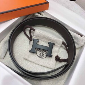 Thắt Lưng Hermes Da Nhăn Đen Xám Khói Khóa Logo Đen Nhám