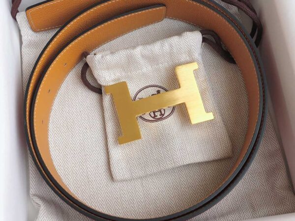 Thắt Lưng Hermes Da Nhăn Đỏ Cam Khóa Logo Vàng