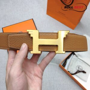 Thắt Lưng Hermes Da Nhăn Nâu Khóa Logo H To Vàng Cánh Chim