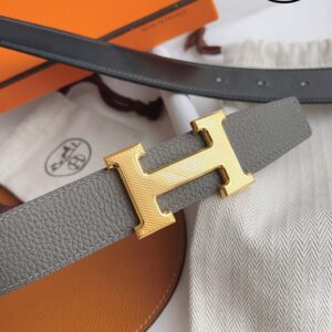 Thắt Lưng Hermes Da Nhăn Xám Khói Khóa Logo H Vàng