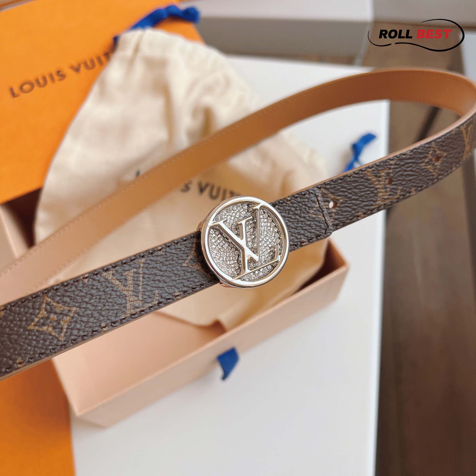 Thẳt Lưng LV Monogam Canvas Nâu Cam Mini Khóa Logo Diamond Tròn