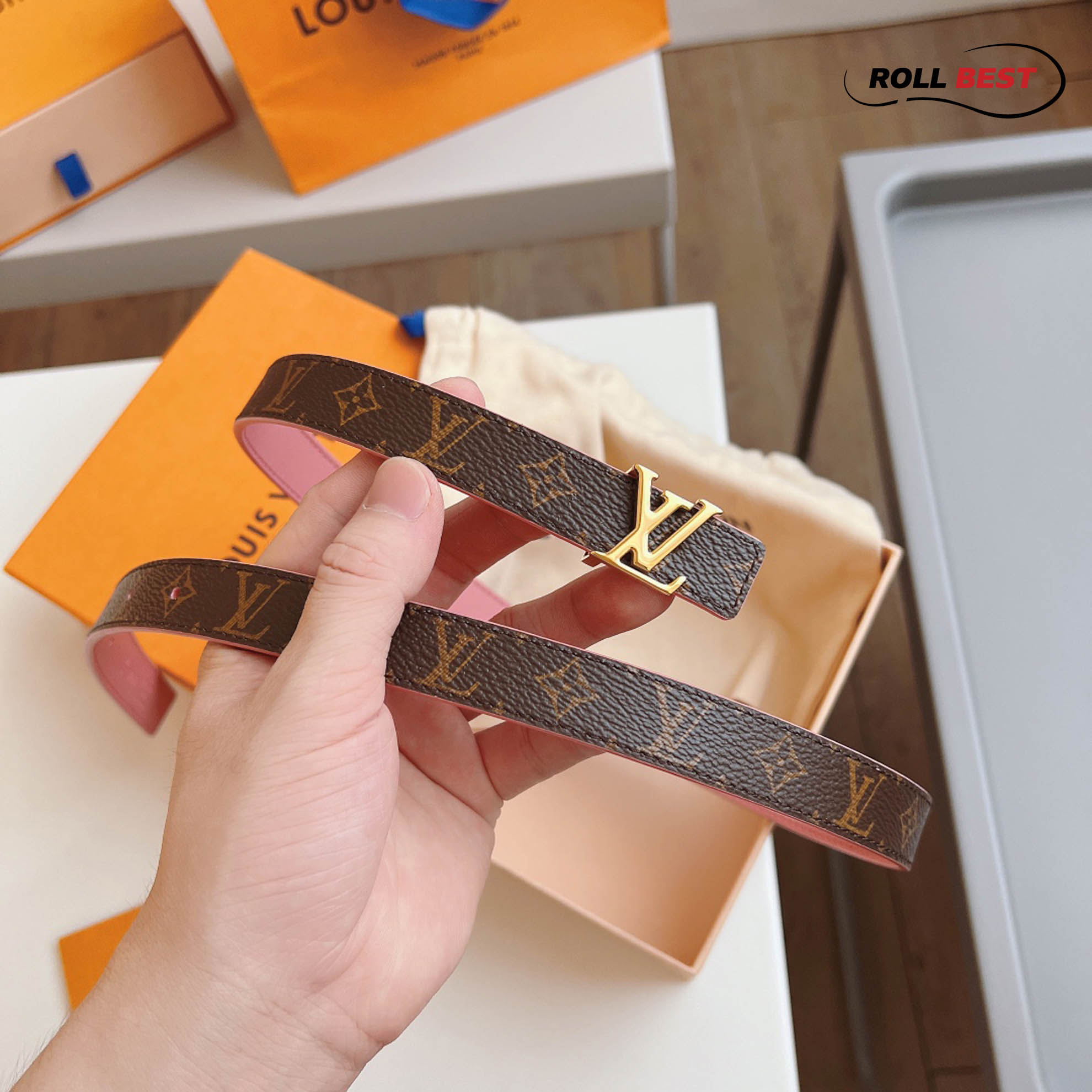 Thẳt Lưng LV Monogam Canvas Nâu Hồng Mini Khóa Logo Gold 