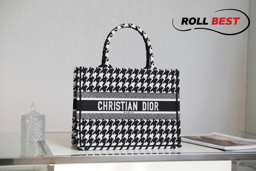 Túi Dior Book Tote Black Macro Houndstooth Embroidery