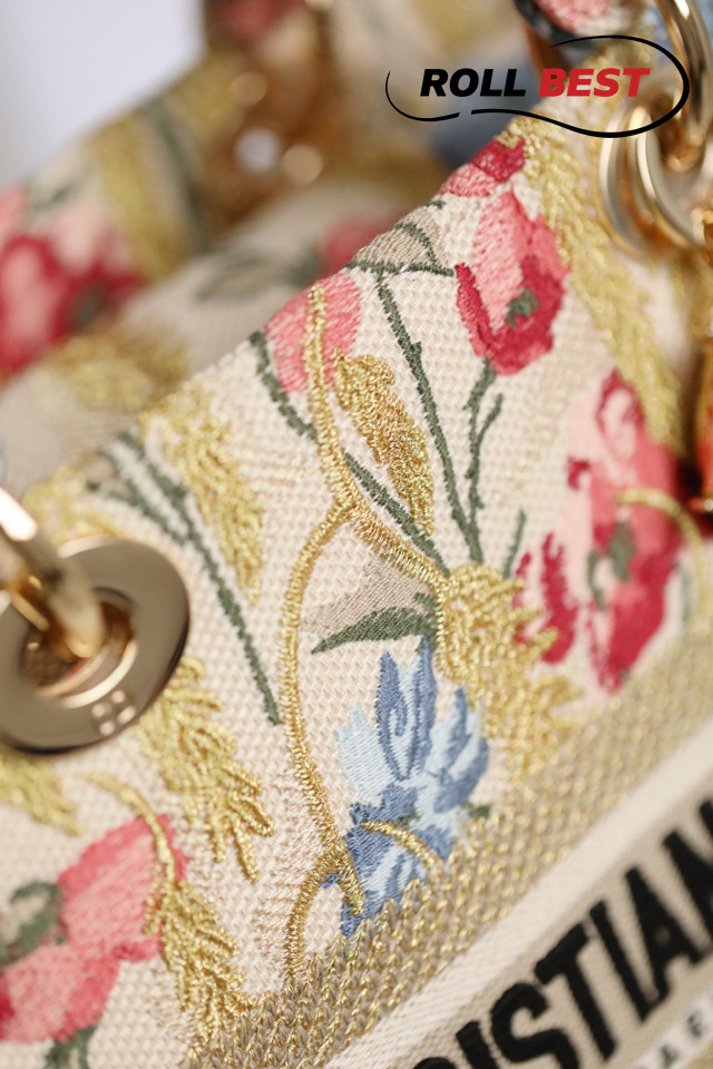 Túi Dior Lady D-Lite Bag Màu Be Multicolor Hibiscus Embroidery