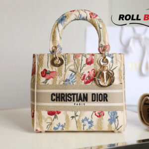 Túi Dior Lady D-Lite Bag Màu Be Multicolor Hibiscus Embroidery