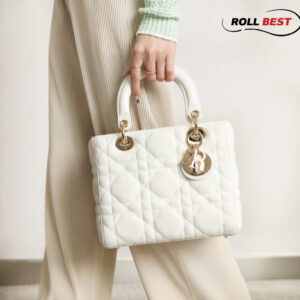 Túi Dior Lambskin Lady Dior Ivory White Gold Hardware