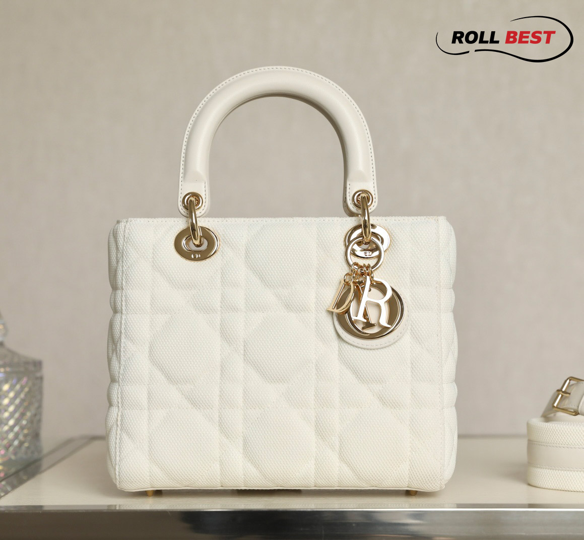 Túi Dior Lambskin Lady Dior Ivory White Gold Hardware