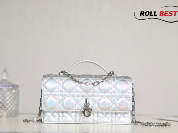 Túi Dior Mini Bag Iridescent Metallic Silver-Tone Cannage Lambskin