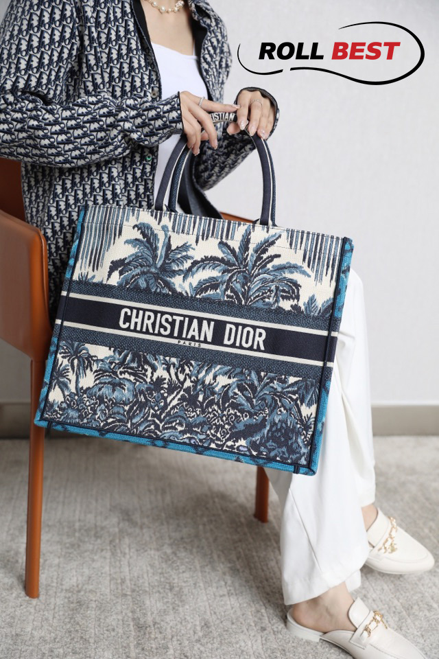 Túi Dior Palms Embroidery Book Tote Blue