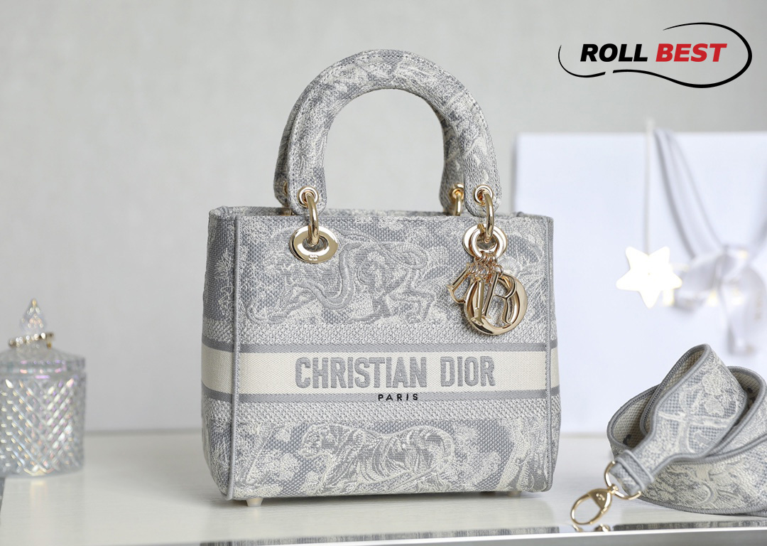 TÚI Dior Women Medium Lady D-lite Bag Gray Toile de Jouy Reverse Embroidery