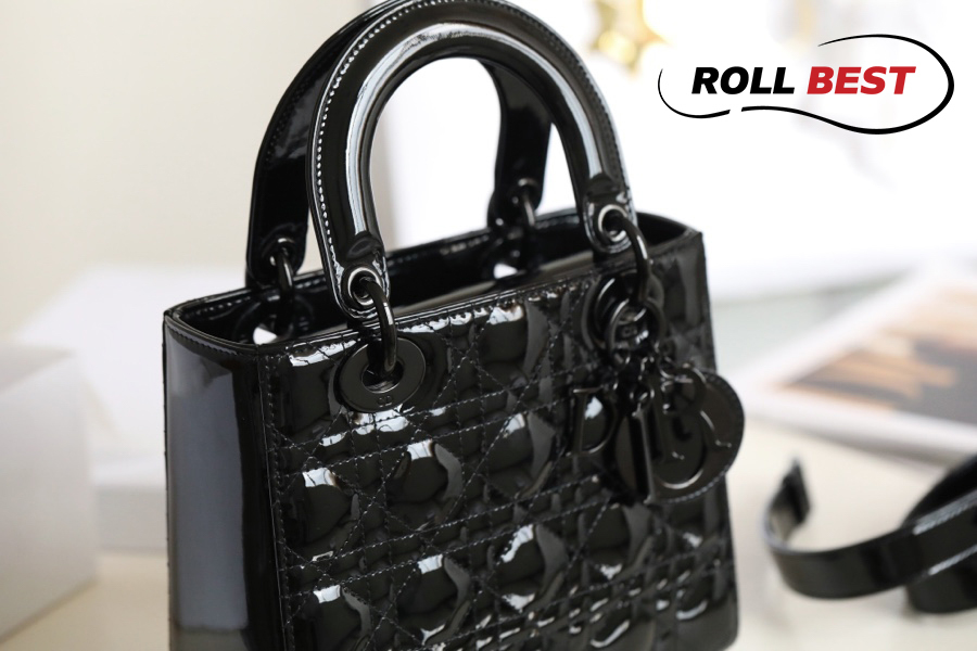 Túi Dior Women Mini Lady Dior Bag Black Cannage Calfskin with Diamond Motif