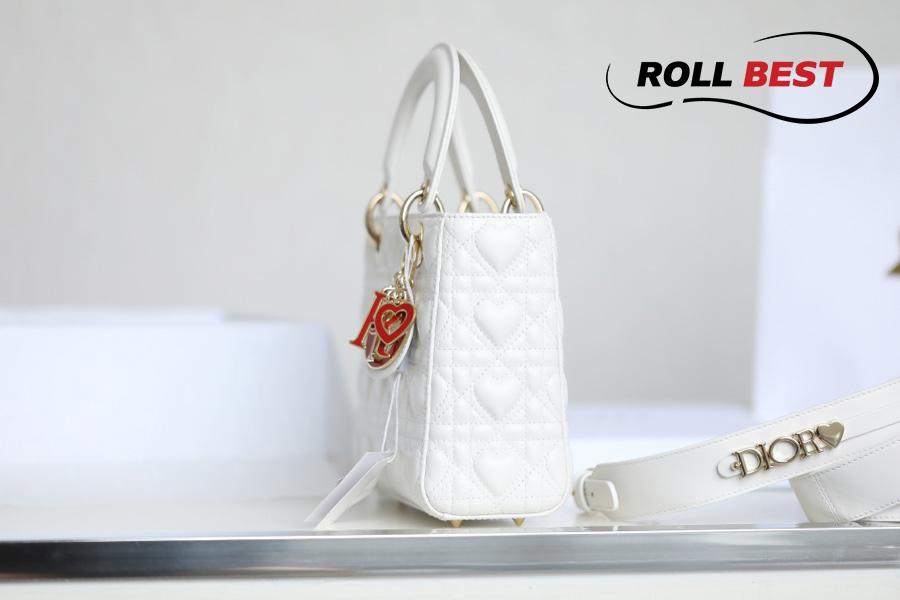 Túi Dior Women Mini Lady Dior Dioramour Bag Latte Cannage Lambskin with Heart Motif-White