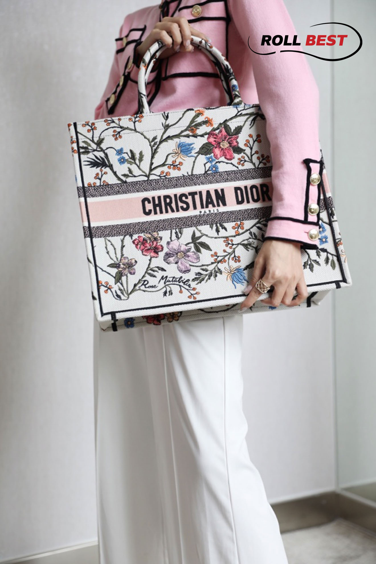 Túi Large Dior Book Tote Rosa Mutabilis Thêu Hoa Màu Trắng