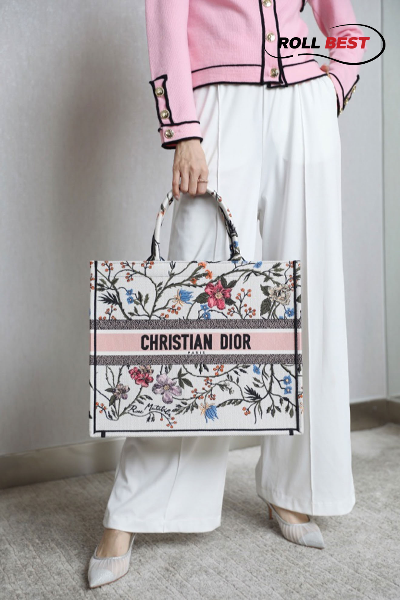 Túi Large Dior Book Tote Rosa Mutabilis Thêu Hoa Màu Trắng