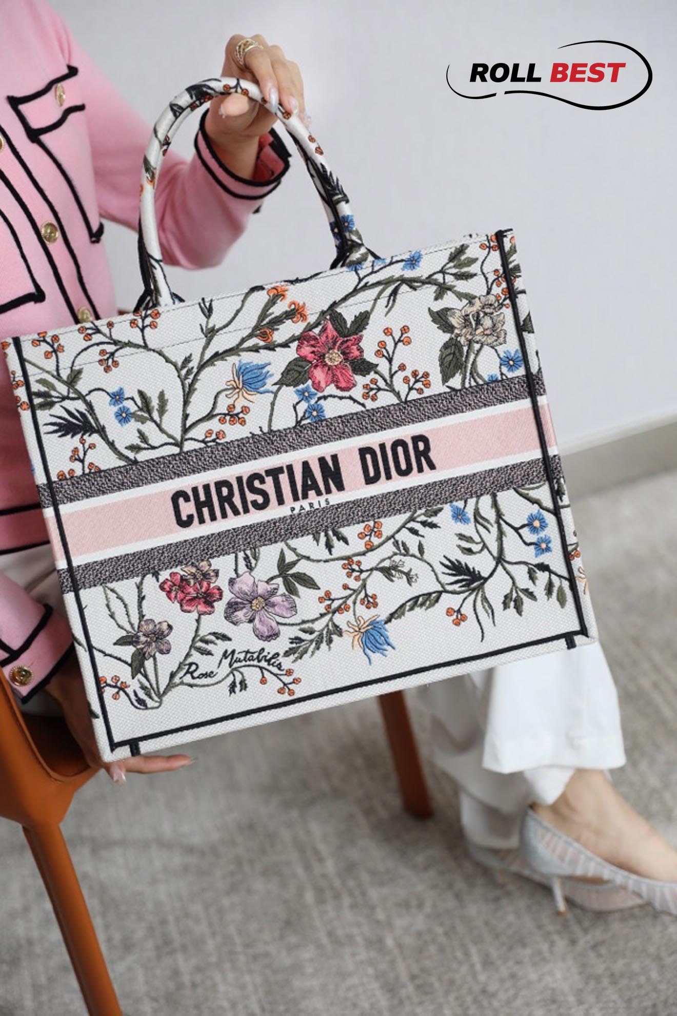 Túi Large Dior Book Tote Rosa Mutabilis Thêu Hoa Màu Trắng