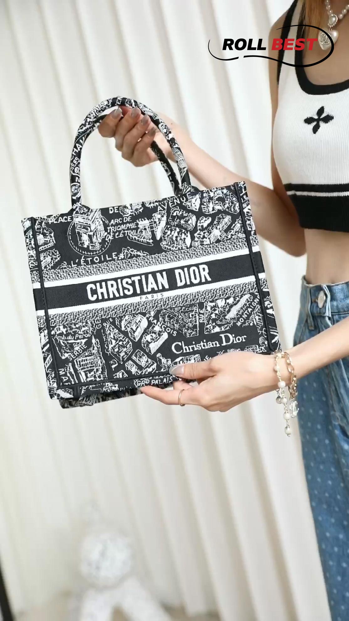 Túi Nữ Dior Medium Book Tote Plan de Paris Embroidery 'Black White'