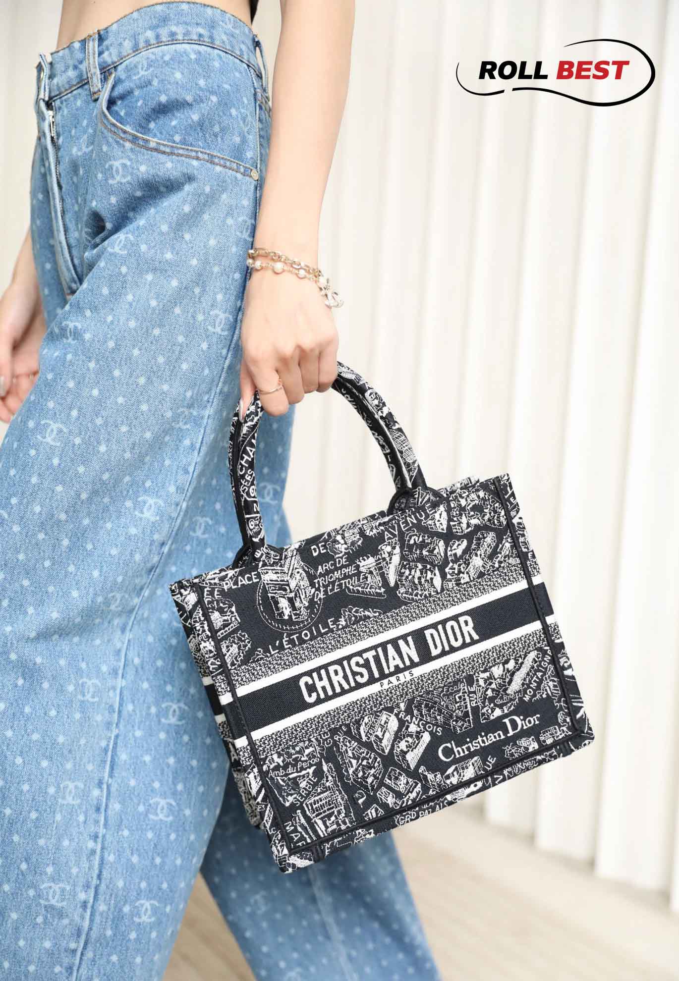 Túi Nữ Dior Medium Book Tote Plan de Paris Embroidery 'Black White'