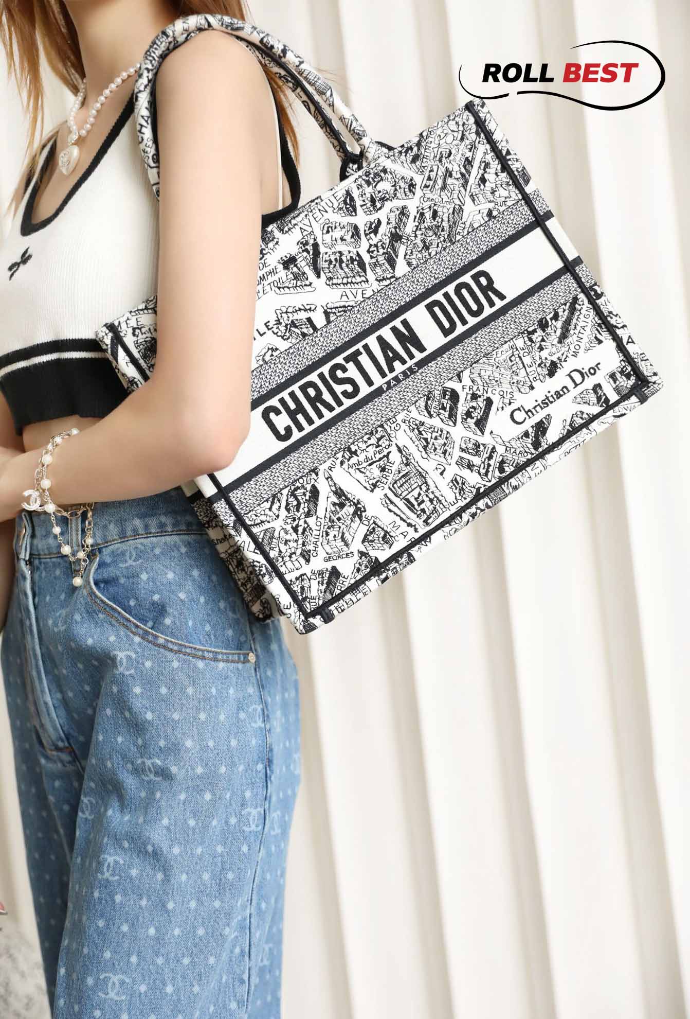 Túi Nữ Dior Medium Book Tote Plan de Paris Embroidery 'White Black'