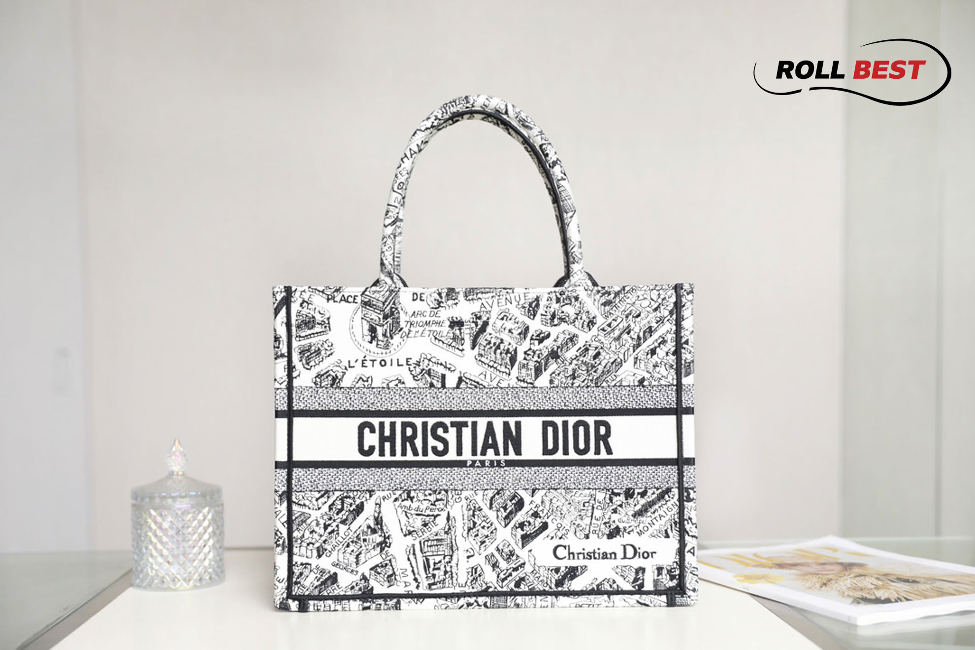 Túi Nữ Dior Medium Book Tote Plan de Paris Embroidery 'White Black'