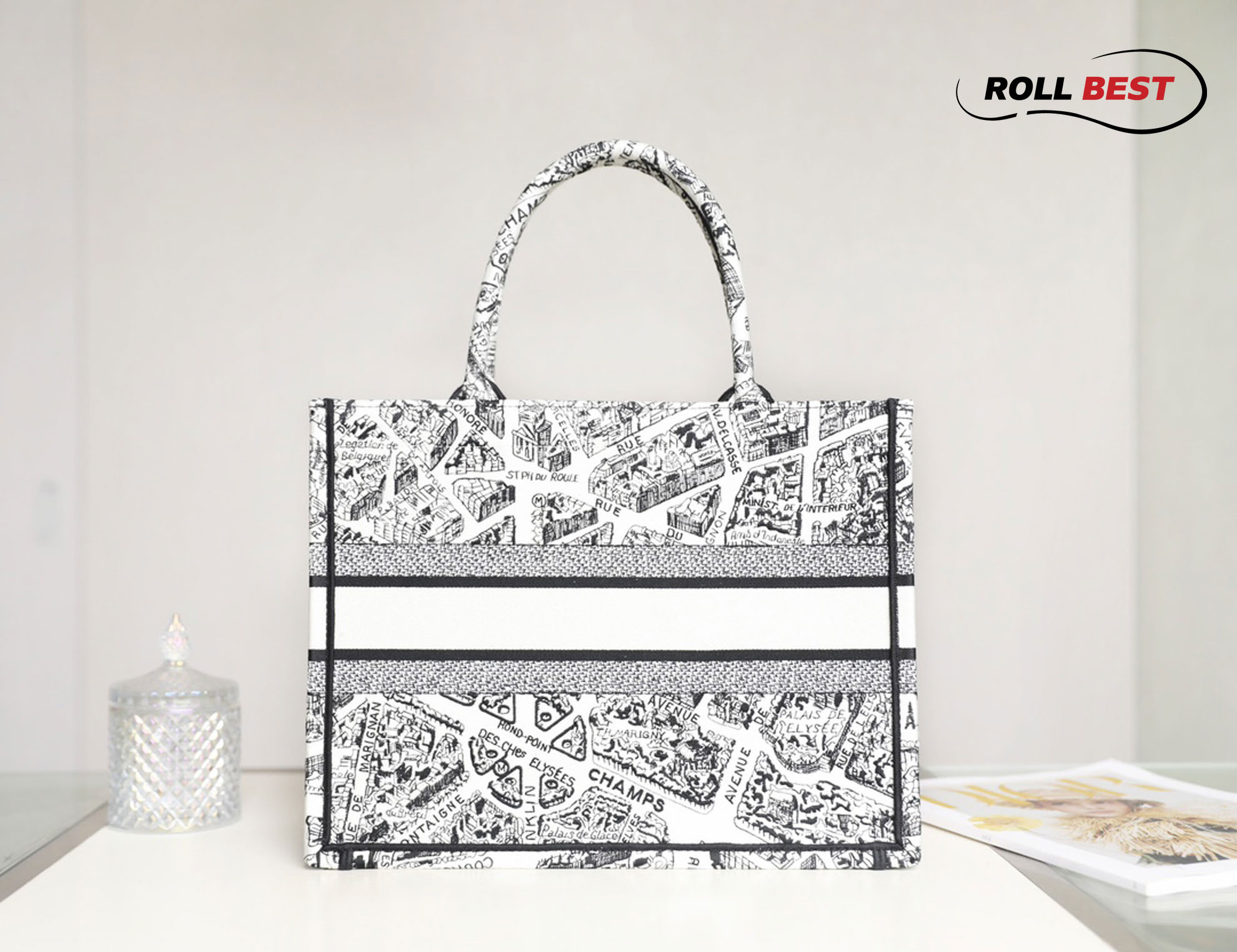 Túi Nữ Dior Medium Book Tote Plan de Paris Embroidery 'White Black'