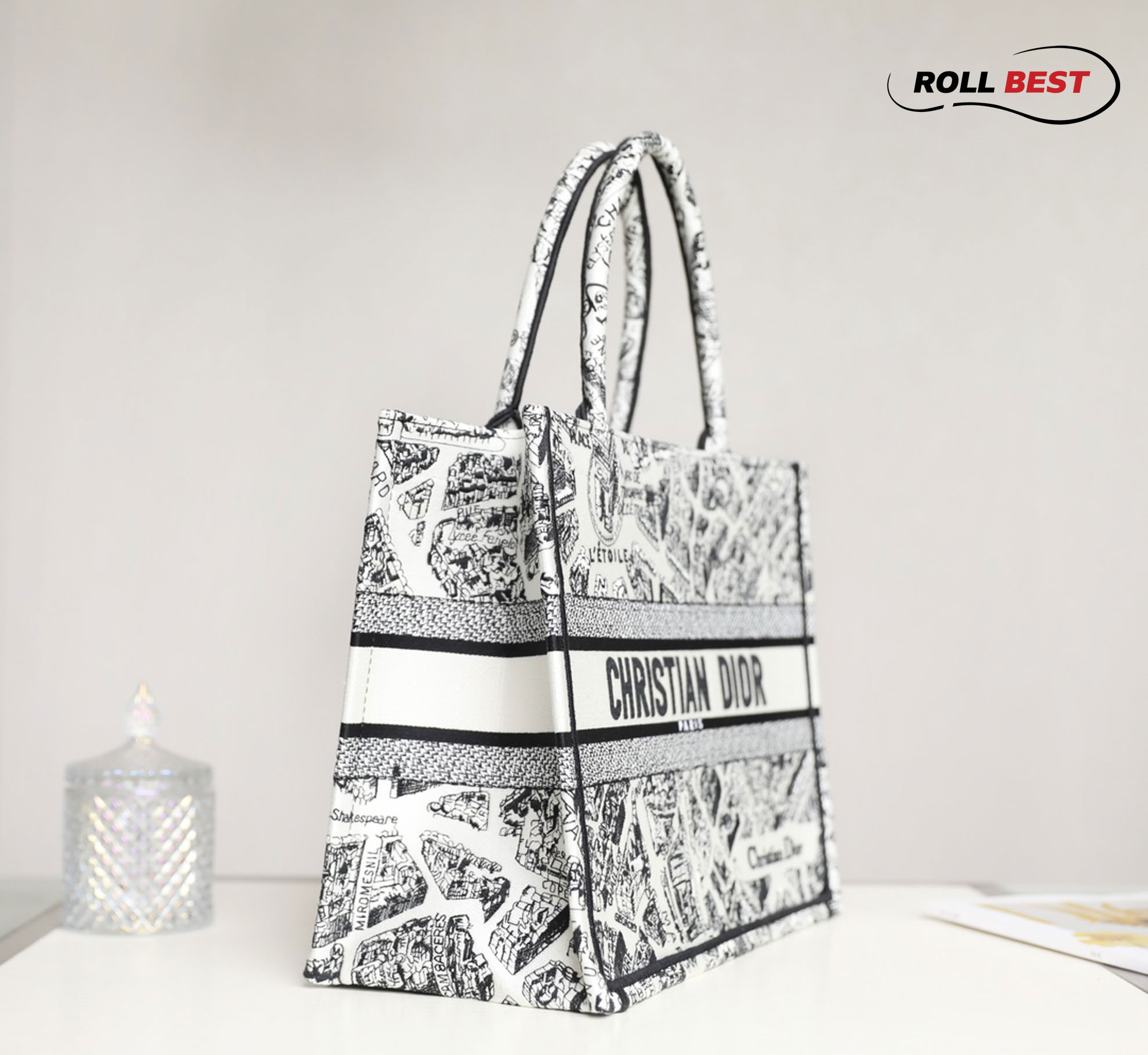 Túi Nữ Dior Medium Book Tote Plan de Paris Embroidery 'White Black'