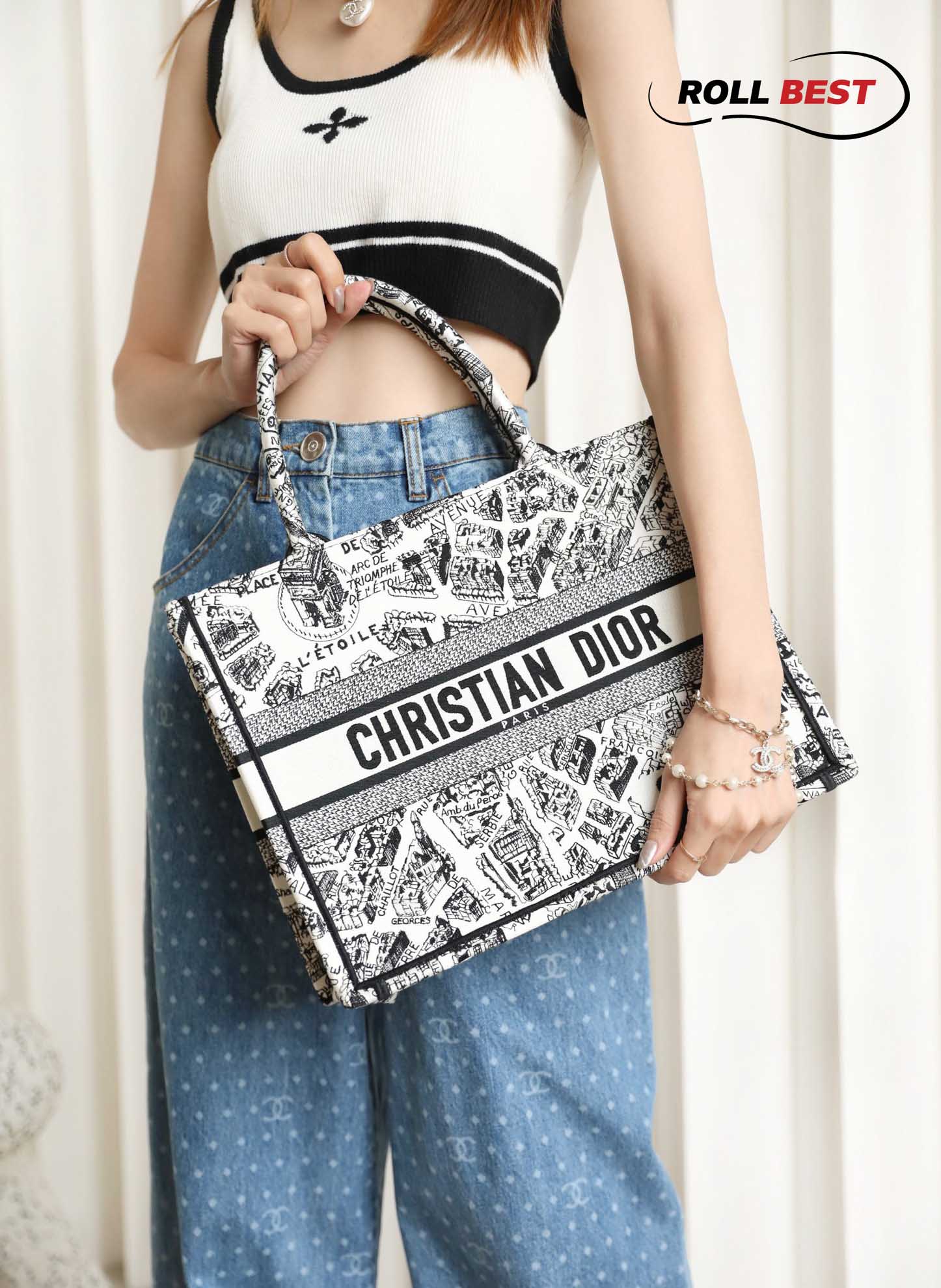 Túi Nữ Dior Medium Book Tote Plan de Paris Embroidery 'White Black'