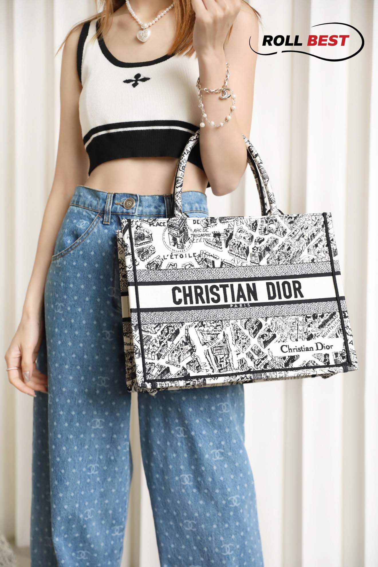 Túi Nữ Dior Medium Book Tote Plan de Paris Embroidery 'White Black'