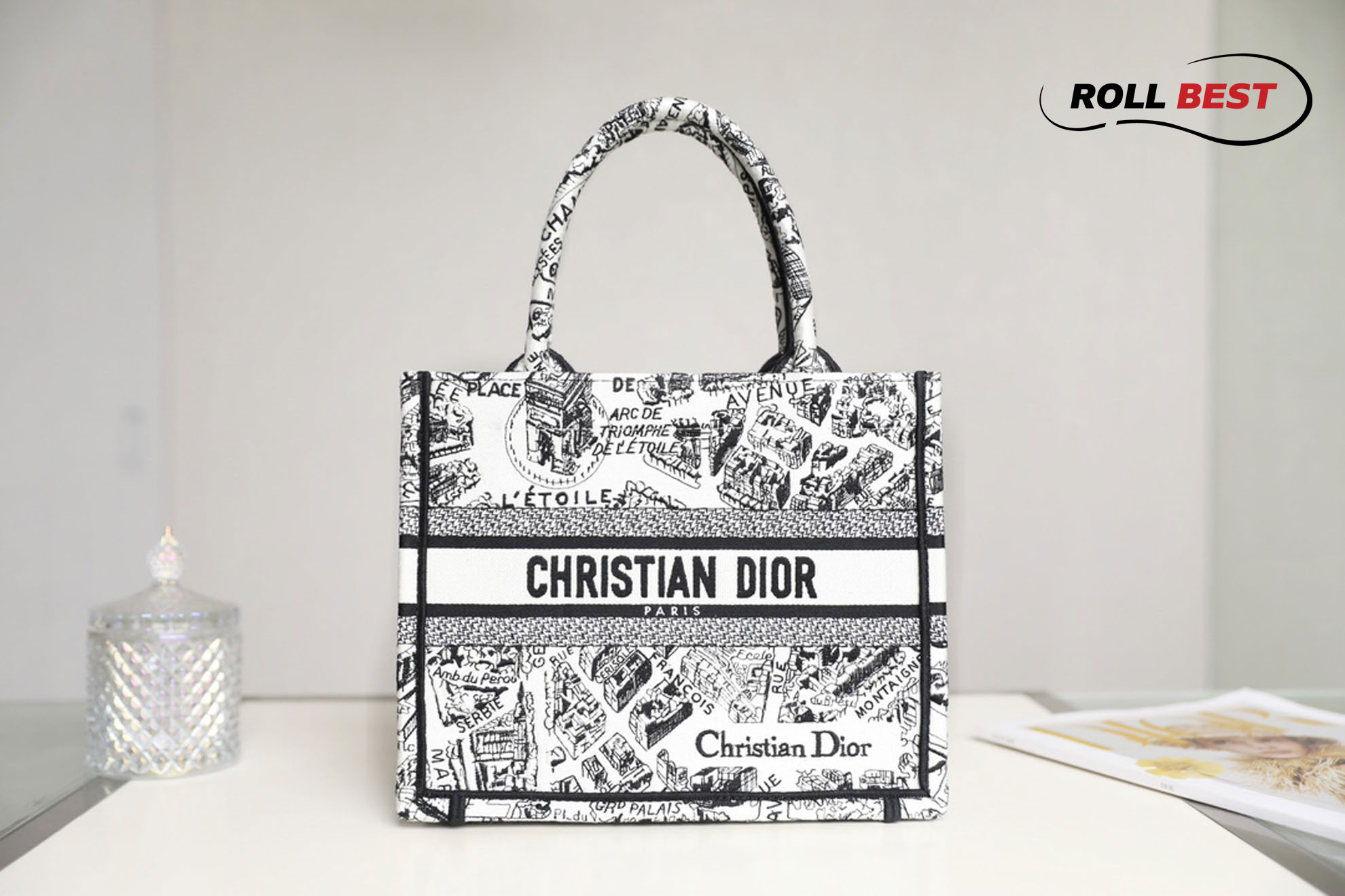 Túi Nữ Dior Mini Book Tote Plan de Paris Embroidery 'White Black'