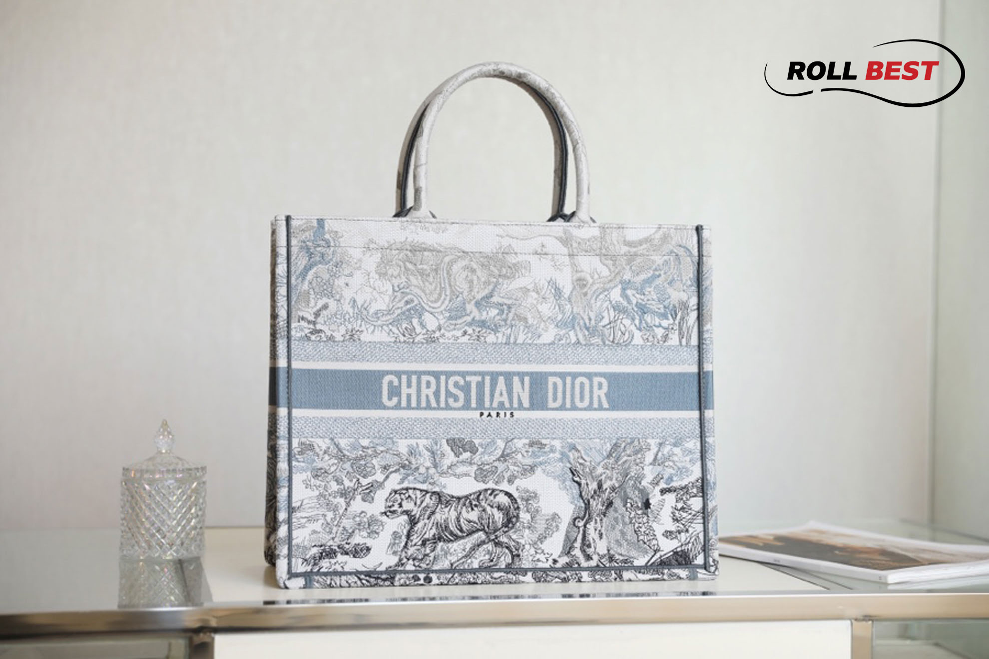 Túi Tote Dior Book Tote Bag Blue Toile de Jouy Reverse Embroidery