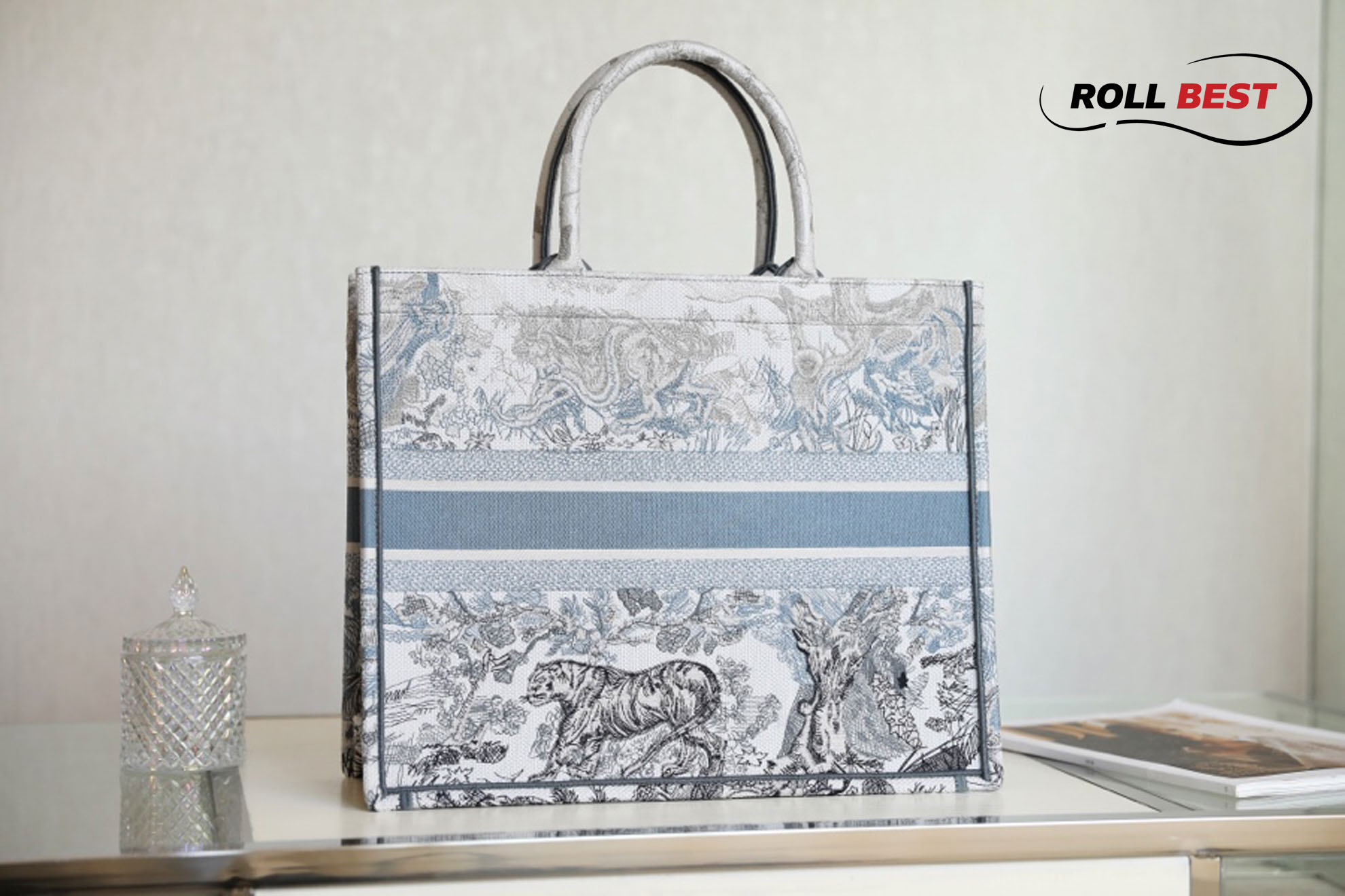 Túi Tote Dior Book Tote Bag Blue Toile de Jouy Reverse Embroidery