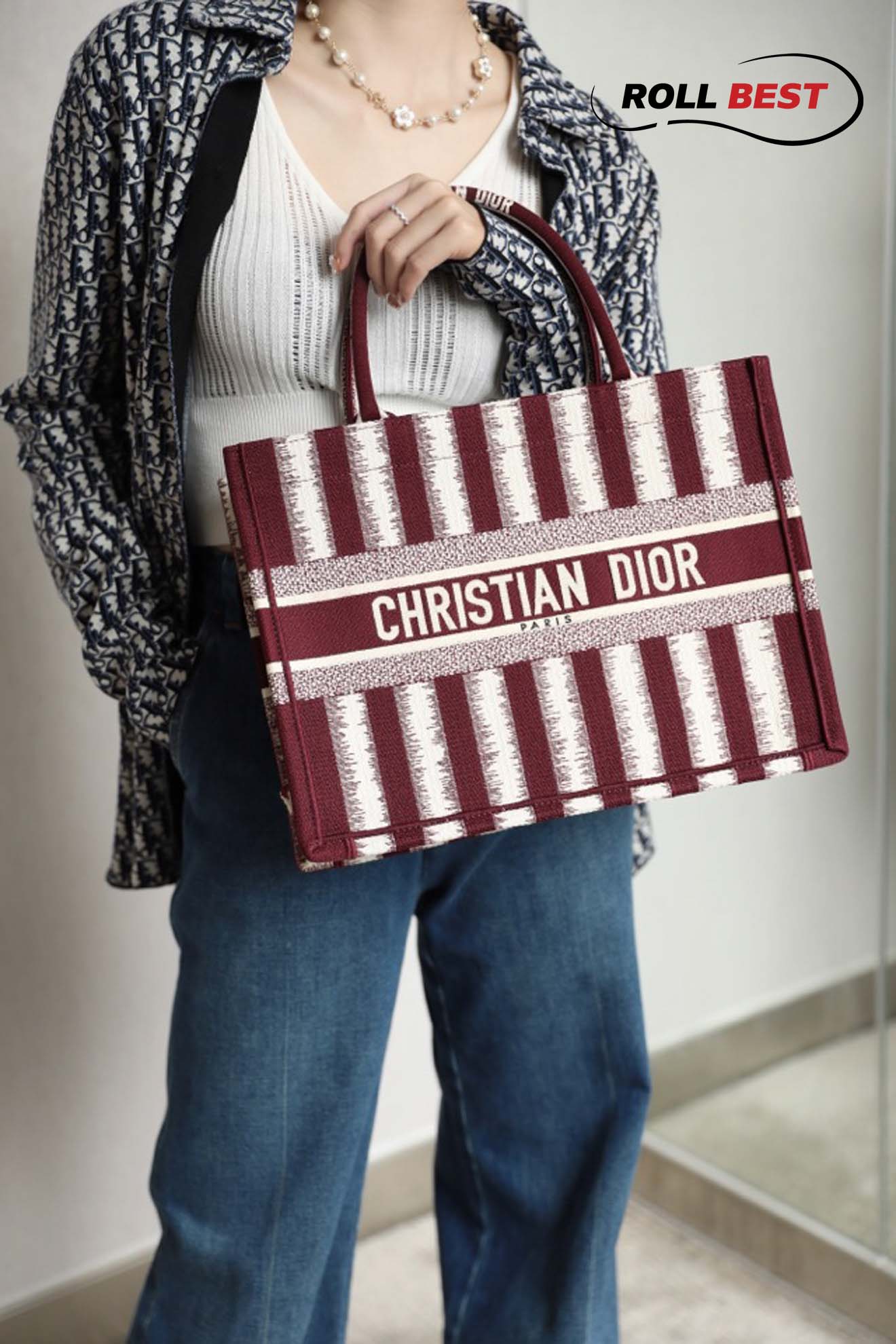 Túi Xách Christian Dior Book Tote Đỏ Sọc Trắng