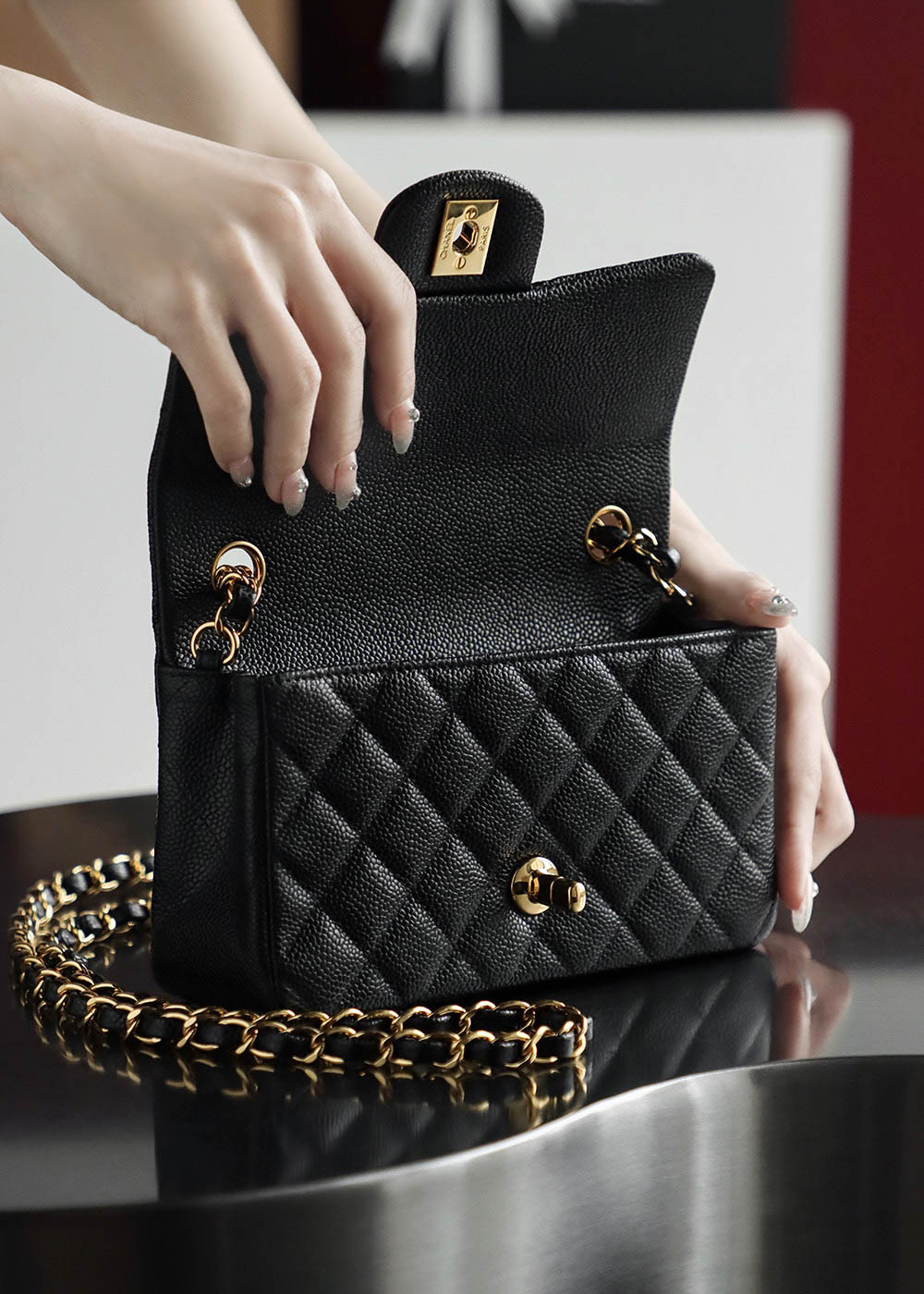 Túi Chanel Classic Flap Bag Small Black Gold Grained Calfskin