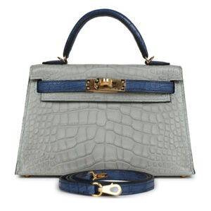 Túi Hermès Special Order (HSS) Kelly Sellier 20 Gris Perle and Bleu de Malte Matte Alligator Gold Hardware