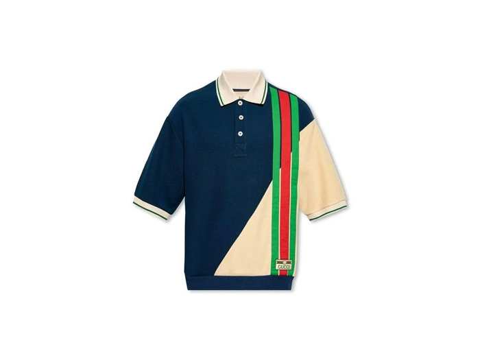 Áo Polo Gucci Blue Logo Patch Striped Wool