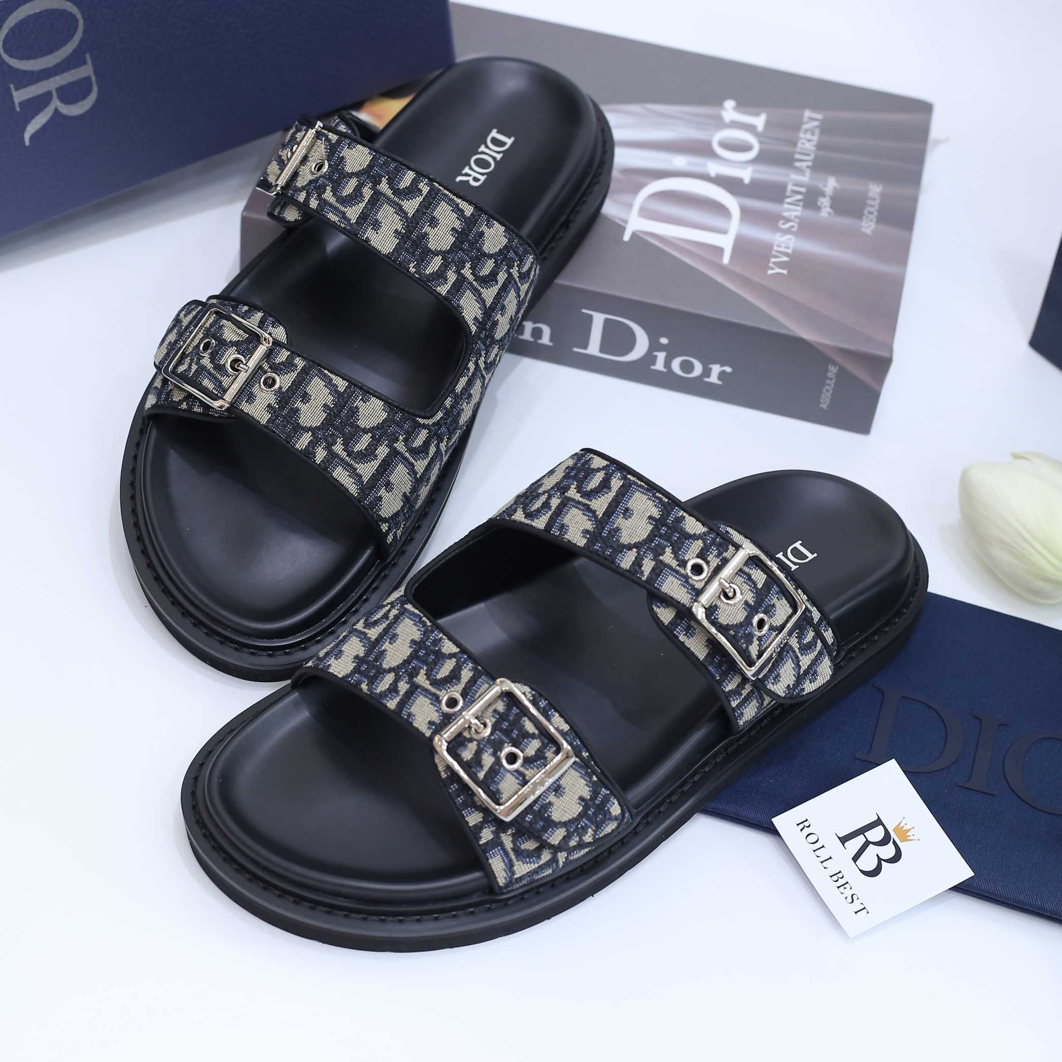 Dép Dior Aqua Sandal Beige Black Dior Oblique Jacquard