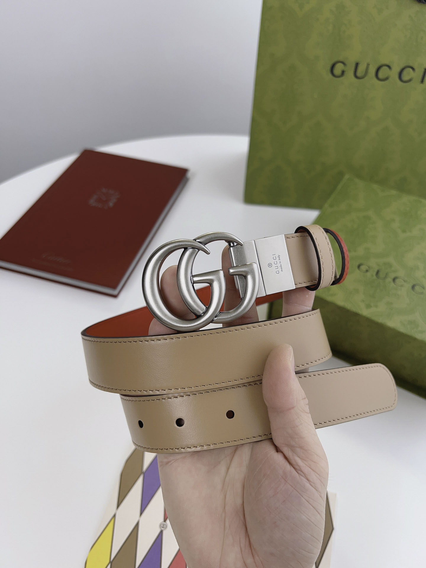 Thắt Lưng Gucci Marmont reversible belt 2 Mặt Be Đỏ Khóa Bạc