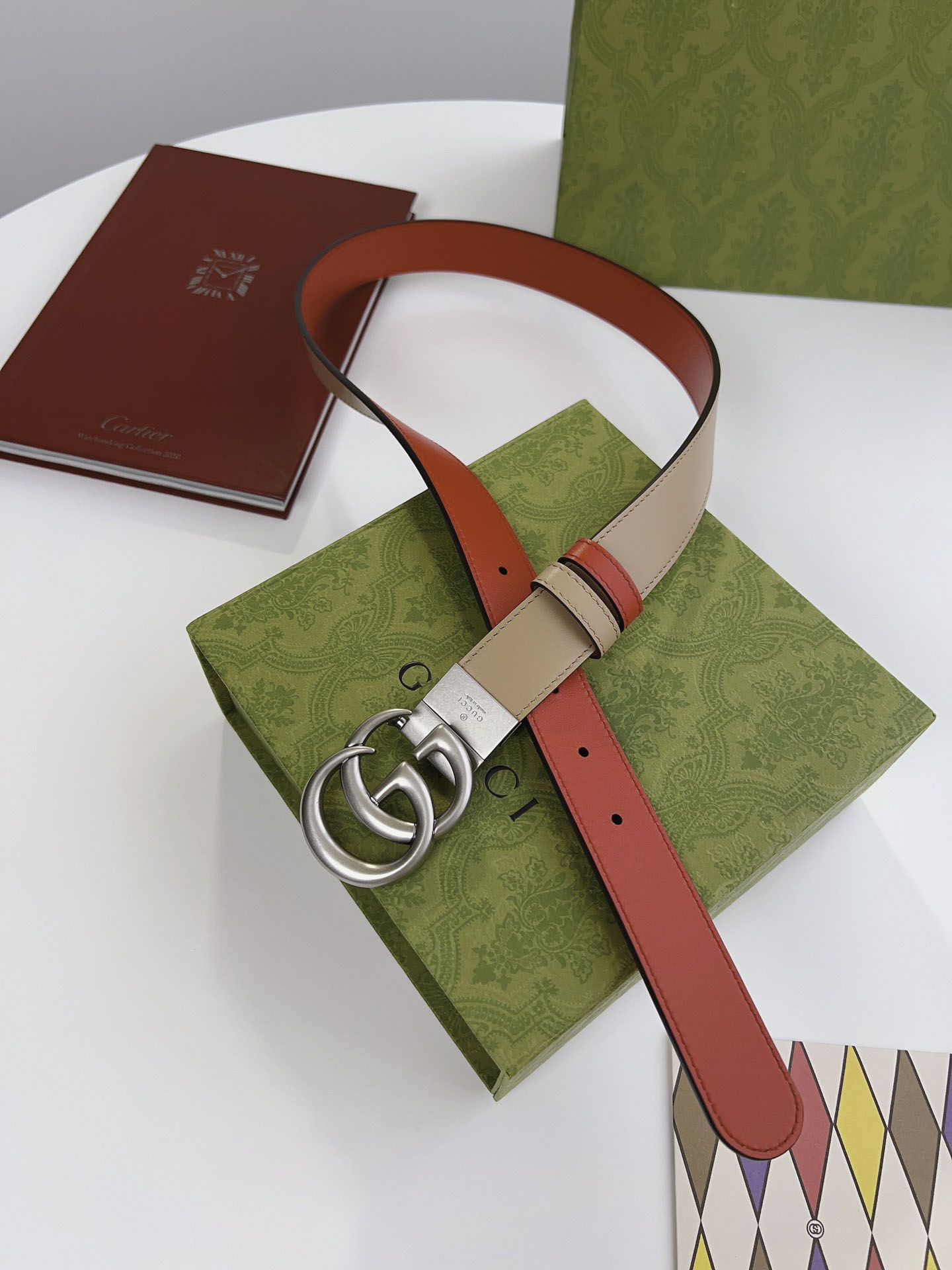 Thắt Lưng Gucci Marmont reversible belt 2 Mặt Be Đỏ Khóa Bạc