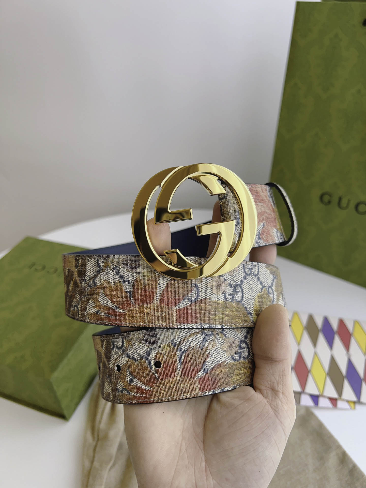 Thắt Lưng Gucci Nam Dây Họa Tiết Khóa Tròn Vàng