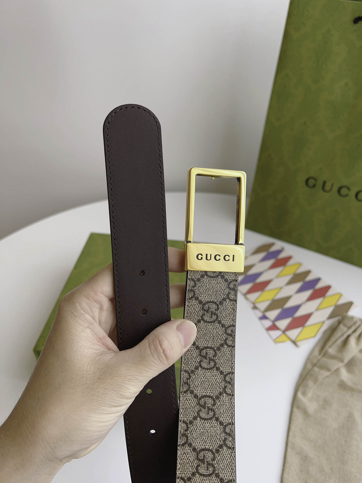 Thắt Lưng Gucci Nam Nâu Dây Họa Tiết Khóa Vuông